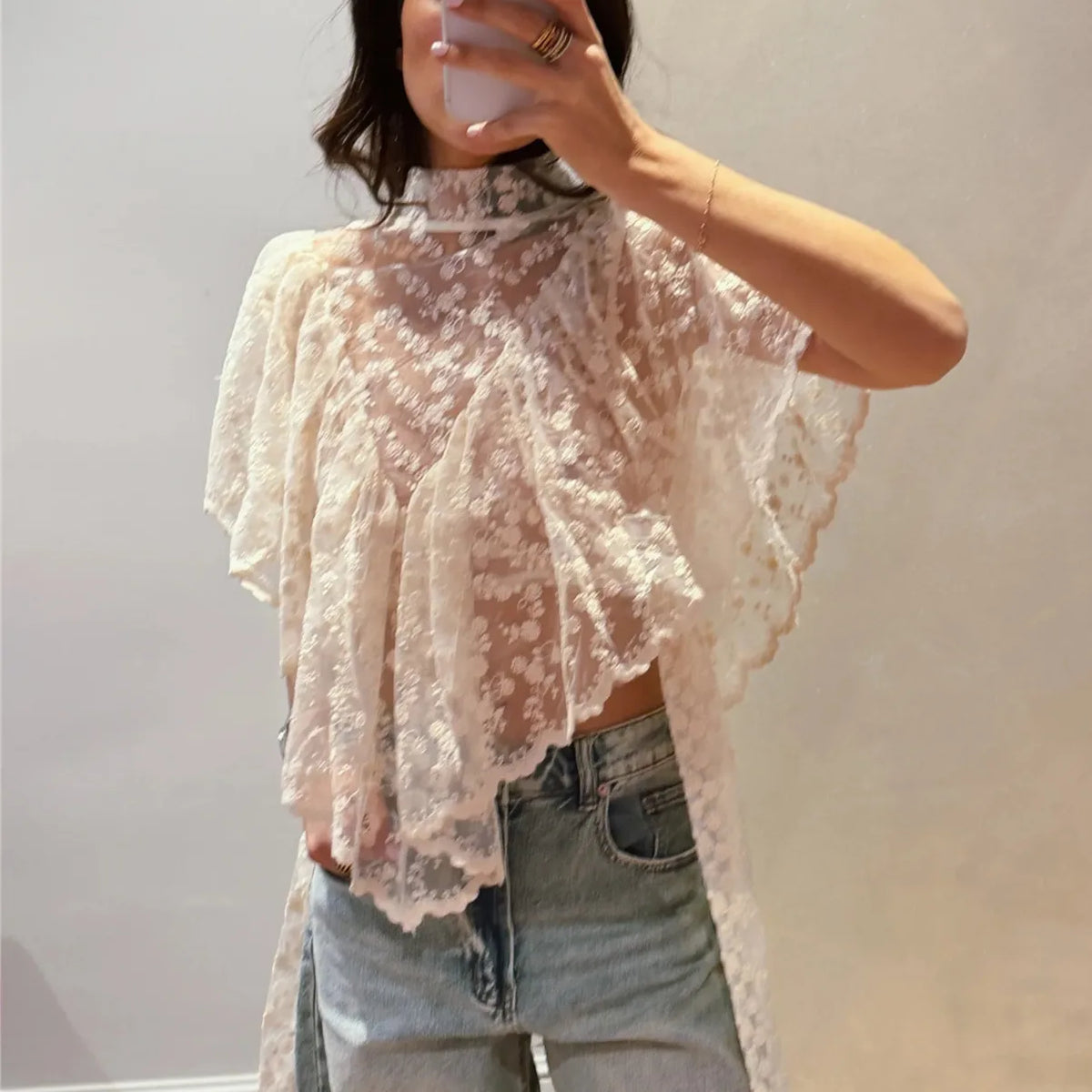 Y2K Fairy Mesh See Through Casual High Neck Looseshawls Women Floral Lace Embroidery Shawl Tops Asymmetrical Streetwear