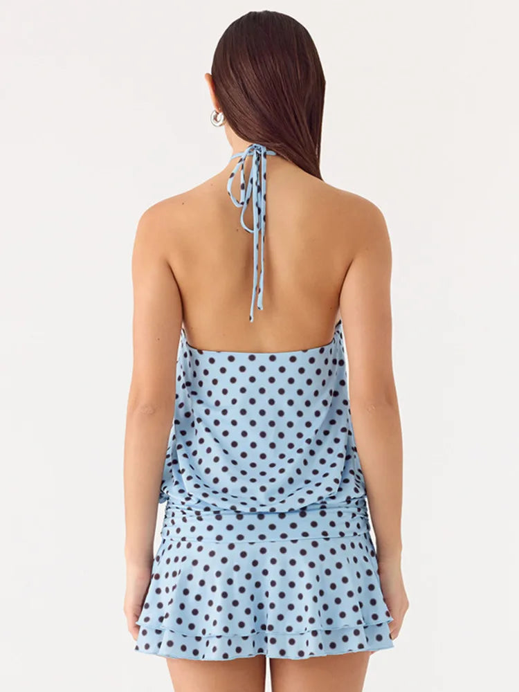 Polka Dot Backless Sexy Mini Dress Women Elegant Blue Halter Off-shoulder Sleeveless Ruched Club Party Dress Female