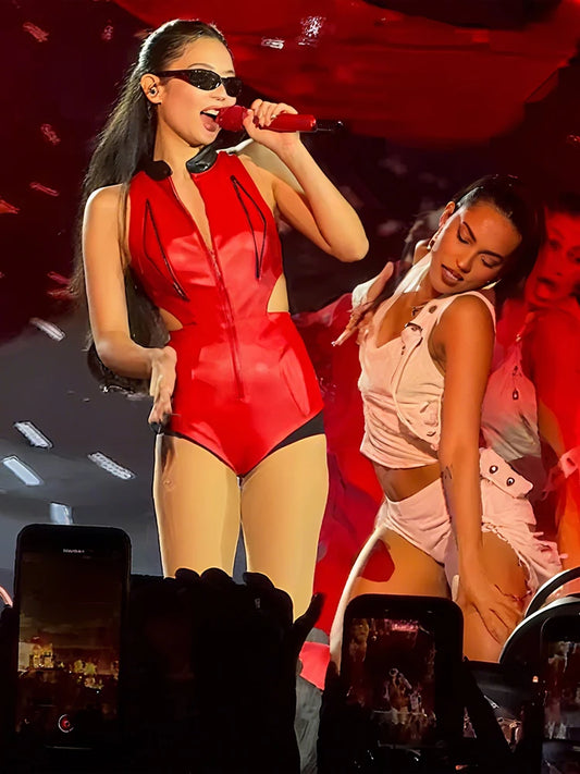 Hipster 2-Piece Set Women Zip Leather Waistless Skinny Bodysuit+Irregular Print Skirts Matching Music Festivals Suit