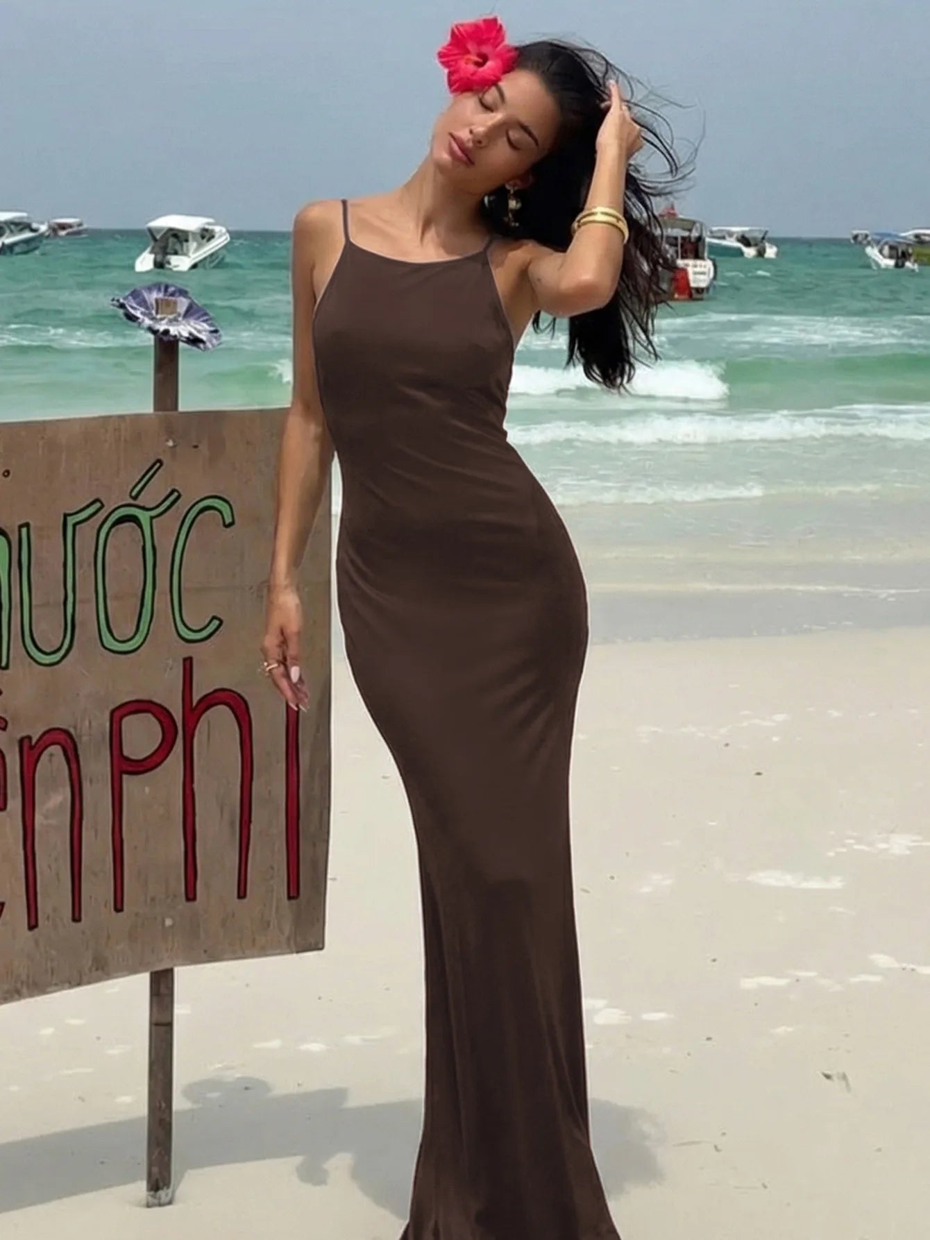 Sleeveless Backless Summer Maxi Dresses 2026 Woman Clothing Elegant Sexy Brown Party Dress