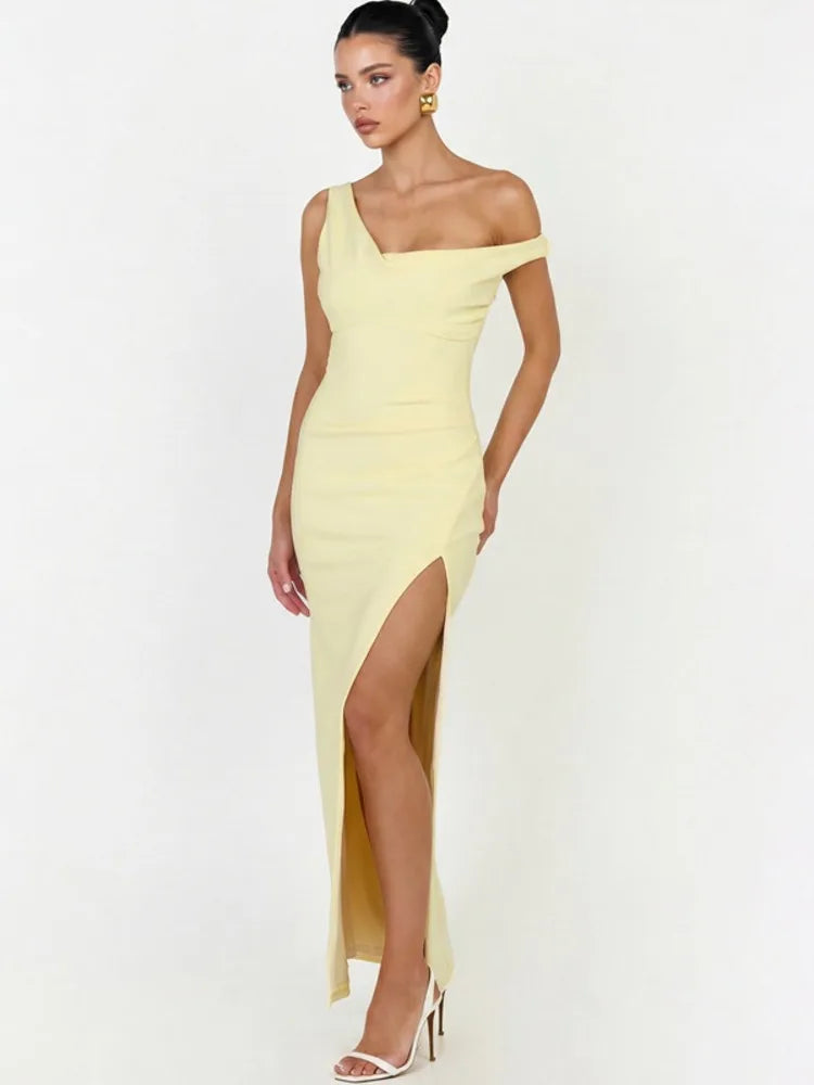Asymmetric One Shoulder Sexy Maxi Dress Women Elegant Diagonal Collar Sleeveless Backless Cocktail Evening Party Dress