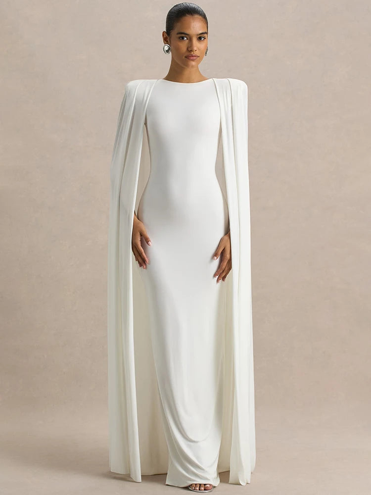Cape Sleeve Sexy Maxi Dress Women Gown Elegant Fashion Zipper O Neck High Waist Split Club Party Long Dresses Female