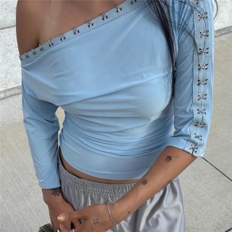 Women Retro Y2K Off Shoulder 3/4 Sleeve Top Asymmetric Neckline with Eyelet Details Fitted Casual Blouse Trendy Outfits