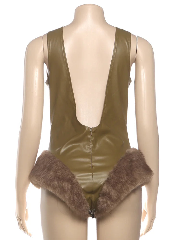 Faux Leather Backless Furry Patchwork Hem Bodysuits Woman Skinny Low-Neck Sleeveless Hot Girls High Street Style Outfits