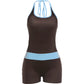 Color Blocking Romper Women Sexy Fashion Halter Bandages Backless Sleeveless Simple Trend Street Sproty Playsuits