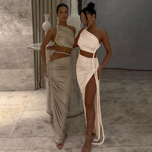 Asymmetrical Ruched Backless High Split Long Dresses Woman Summer Dress Elegant Sexy Vacation Outfits