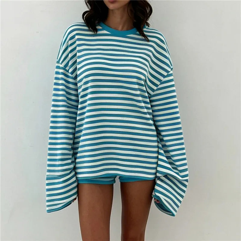 Y2K Striped 2 Piece Set Women Oversized Long Sleeve Crop Top Low Rise Shorts Spring Fall Casual Loungewear Pajama Set