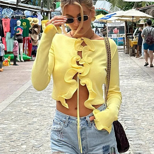 Ruffled Knit Sweater Cardigan Female Lace-Up Patchwork Long Sleeve Cropped Top Coat Streetwear Autumn Women Knitwear Top