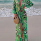 Tiger Stripe Print Long Dress Woman Autumn Trend Deep V-Neck Backless Lantern Sleeve Beach Party Elegant Vestidos