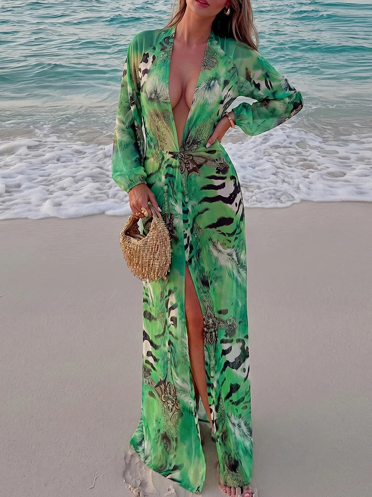 Tiger Stripe Print Long Dress Woman Autumn Trend Deep V-Neck Backless Lantern Sleeve Beach Party Elegant Vestidos