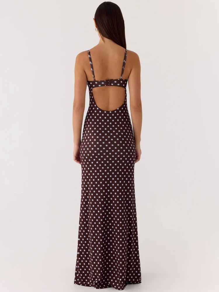 Polka Dot Backless Sexy Maxi Dress Women Elegant Fashion Spaghetti Strap Sleeveless Bodycon Club Party Long Dress