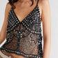 Women Y2K Sequin Mesh Tank Top Glitter Floral Embroidered Cami Crop Top Coquette Sleeveless Backless Rhinestone Camisole