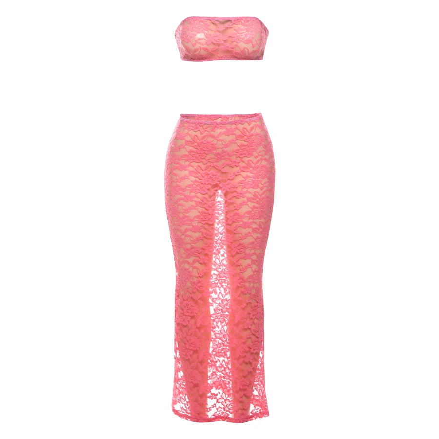 See Through 2 Piece Sets Woman Summer Sexy Strapless Crop Tops+Long Skirts Party Clubwear Skinny Lace Matching Outfits