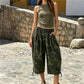 Casual Loose Wide Leg Capri Trousers Elastic Waistband Side Pockets Adjustable Drawstring Hem Baggy Cropped Culottes