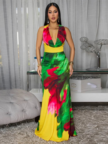 Colorful Print Dress Women Y2K Swing Collar Sleeveless Elegant Backless Trend Banquet Hipster Vacation Party Vestidos