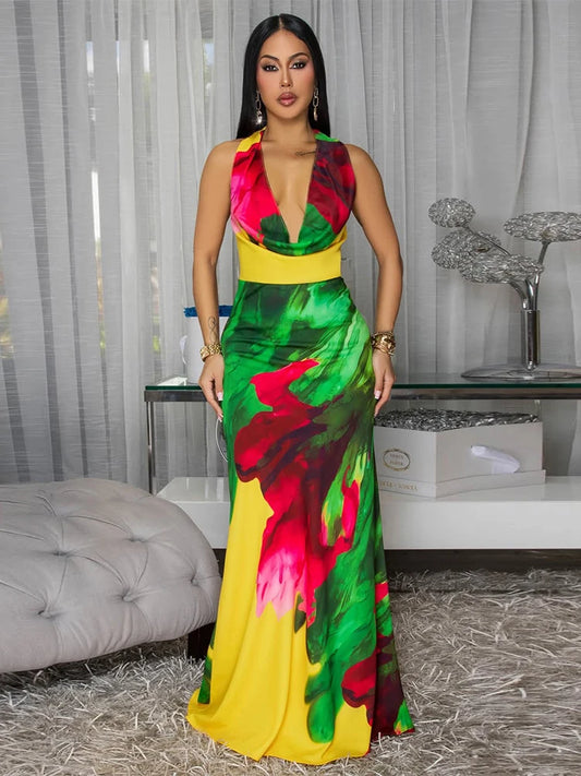 Colorful Print Dress Women Y2K Swing Collar Sleeveless Elegant Backless Trend Banquet Hipster Vacation Party Vestidos