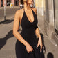 Halter Deep V Neck Sexy Midi Dress Women Elegant Black Sleeveless Backless Ruched Flared Hem Club Party Long Dresses