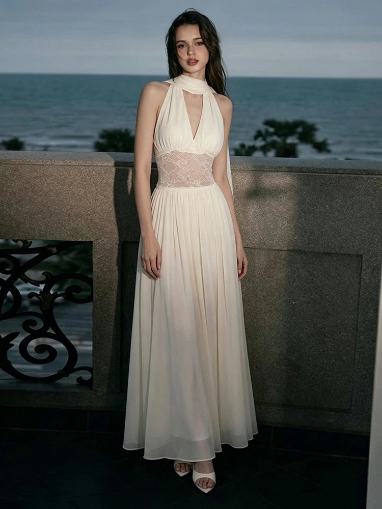 Patchwork Lace Maxi Dress Women v-Neck Folds Long Tassel Sleeveless Elegant Birthday Party Summer Fashion Vestidos