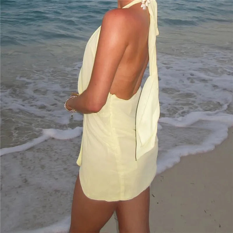 Women Summer Sleeveless Mini Dress Casual Shell V-Neck Wrap Halter Neck Party Dress for Beach Club Streetwear