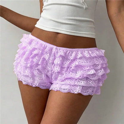 Women Ruffle Lace Bloomers Multi Layered Floral Lace Trim Mini Shorts Elastic Waist Cute Pettipants Y2K Lolita Underwear