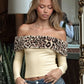 Leopard Print Splicing Off Shoulder Long Sleeve Crop Tops for Woman Sexy T Shirts Spring 2026