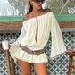 Women's Off Shoulder Chiffon Romper Long Sleeve Keyhole Lace Trim Ruffle Hem Jumpsuit Casual Summer Playsuit Streetwear