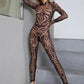 Classic Jumpsuit Women See Through  High Neck Vintage Print Skinny Sexy Midnight Fashion Wild Street Outfits