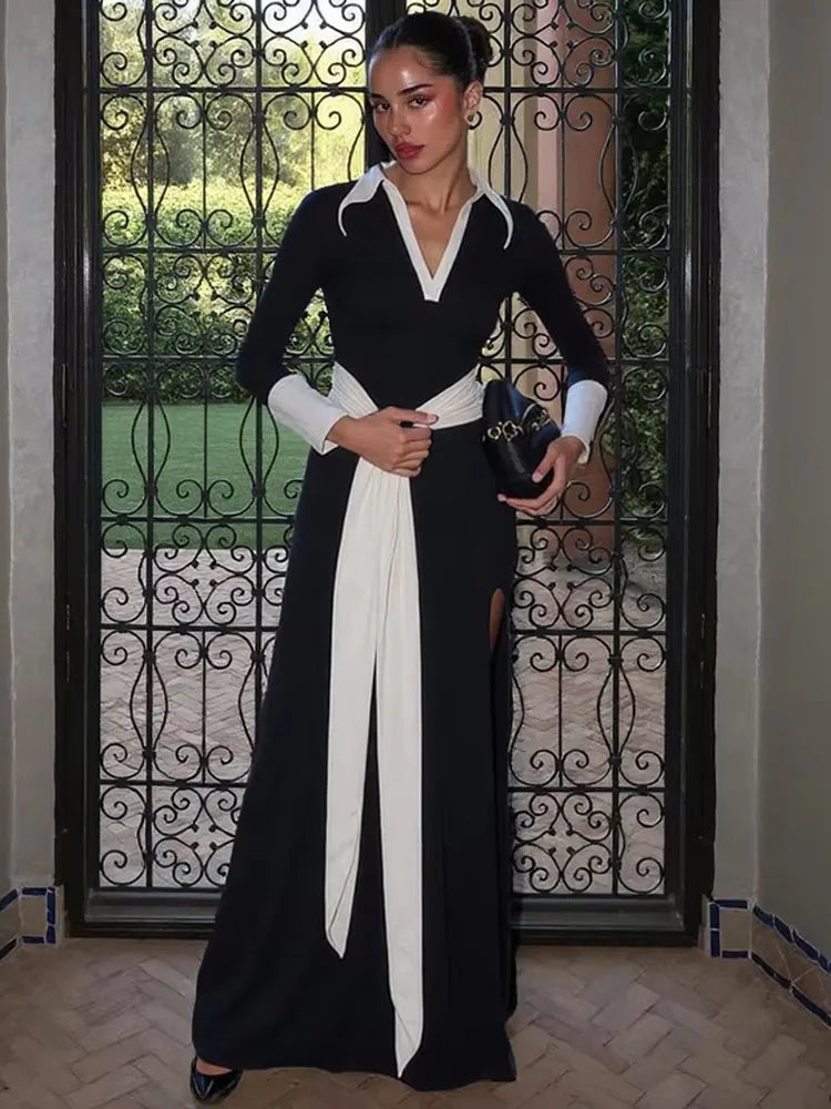 Patchwork V-Neck Dress Women Chic Full Sleeve Ribbon Knot Side Split Stretch Basic Streetwear Elegant Casual Bodycon