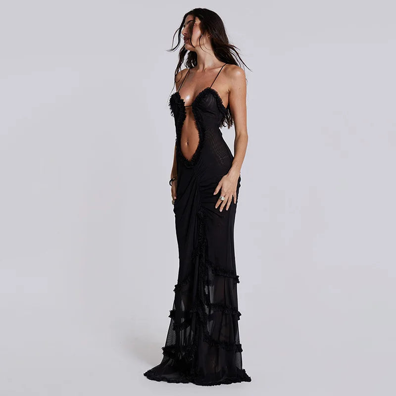 Frilly Halter Backless Split Long Dresses for Women Y2k 2000s Aesthetic Print Maxi Dress Sexy Party Outfits