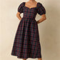 Xmas Vintage Red Navy Plaid Dress Ladies Bubble Short Sleeve Back Shirred Flared Midi Dress Winter Holiday Party Dress