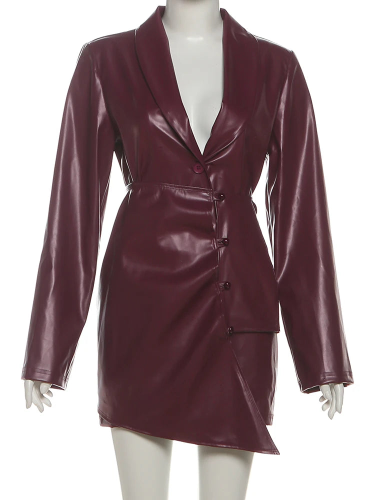 Retro PU Leather 2 Piece Set Woman V-Neck Single Button Full Sleeve Jackets+Irregular Skirts Office Style Elegant Suits