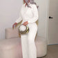 Rhinestone Decoration 2-Piece Set Women Single-Breasted Lapel Full Sleeve Shirt+Elastic Waist Pant Leisure Suits