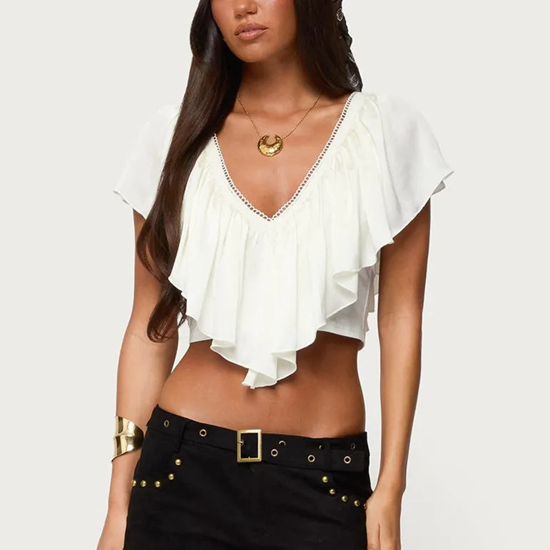 Fashion Women's Ruffled Crop Tops Fashionable Solid Color Lace Trim Tie Back V Neck Blouse Tank Top Summer Streetwear