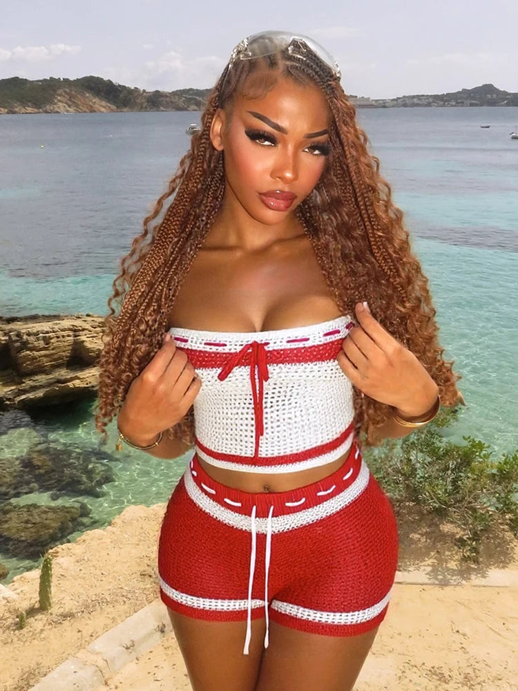 Crochet 2 Piece Set Women Hollow Beach Vacation Shirring Strapless Tops+Contrast Shorts Matching Tight Stretch Suits