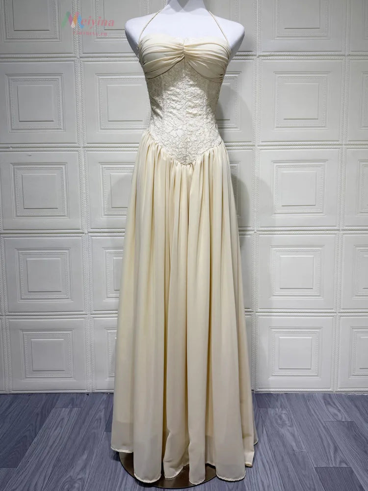 Women Halter Lace Corset Sexy Maxi Dress Sleeveless Ruched Long Dress Sweetheart Neck Backless Evening Party Dresses