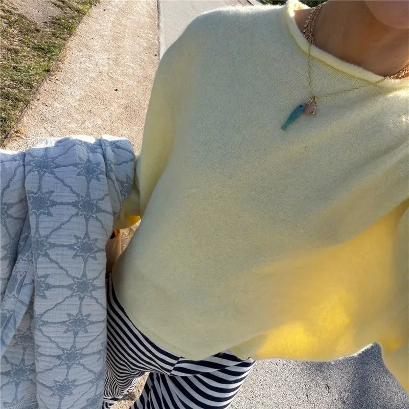 Solid Knit Pullover Women Loose Drop Shoulder Long Sleeve Crew Neck Short Sweater Minimalist Winter Fall Casual Knitwear