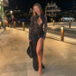 See Through Lace Mesh Black Party Dresses for Women Sexy Hollow Long Sleeve Side Split Maxi Dress