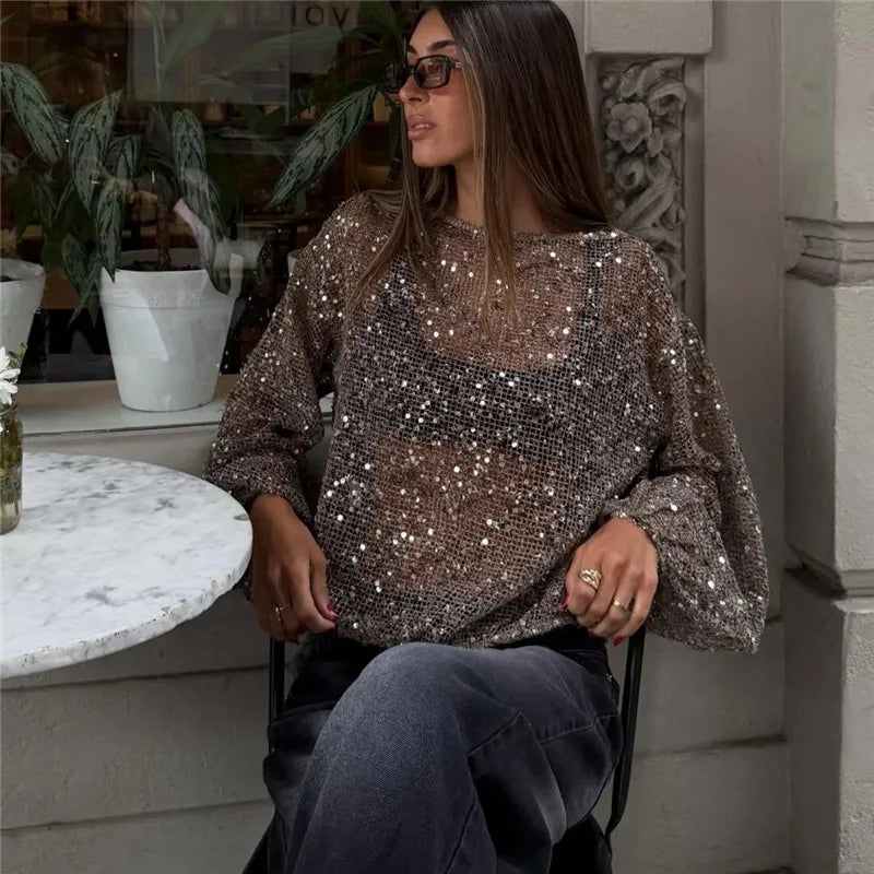 Y2K Glitter Sequins Mesh Sheer Long Sleeve Top Women Loose Bubble Cuff See Through Hollow Out Crop Blouse Summer Beach