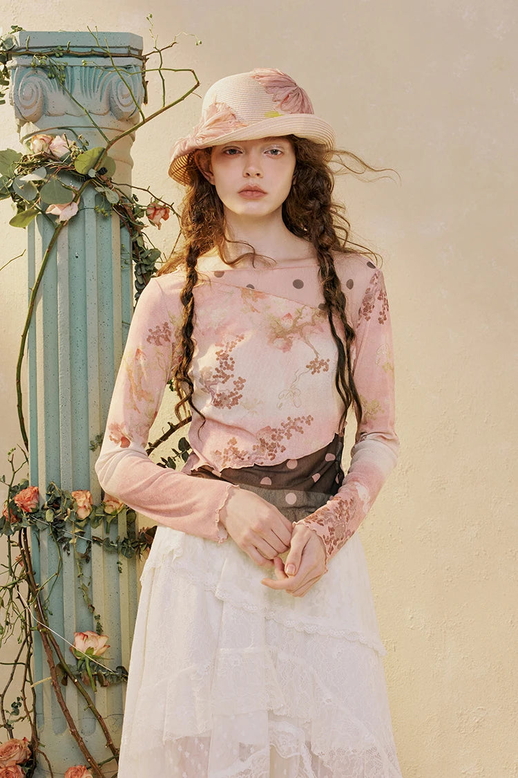 Women's Oriental Asymmetrical T-shirt with Floral Polka Dot Print, Lightweight Long Sleeve Patchwork Tee for Summer