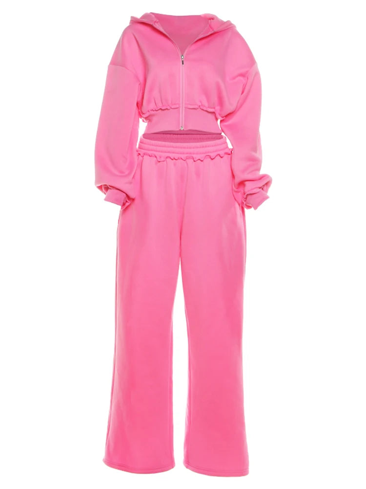 Casual 2Piece Set Women Tracksuit Sporty Zip Patchwork Hooded Crop Jacket+Straight Pants Matching Streetwear Outfits