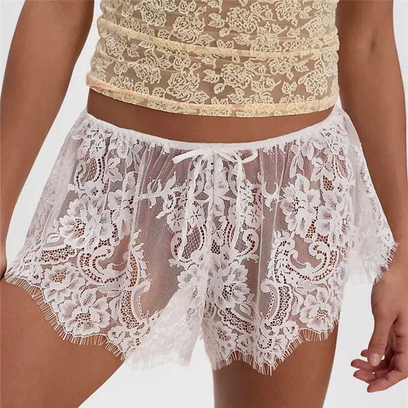 Women’s Solid Color Lace See Through Shorts Casual Elastic Waist Wide Leg Lingerie Shorts Summer Lounge Bottoms