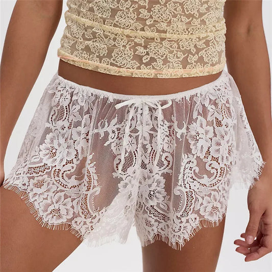 Women’s Solid Color Lace See Through Shorts Casual Elastic Waist Wide Leg Lingerie Shorts Summer Lounge Bottoms
