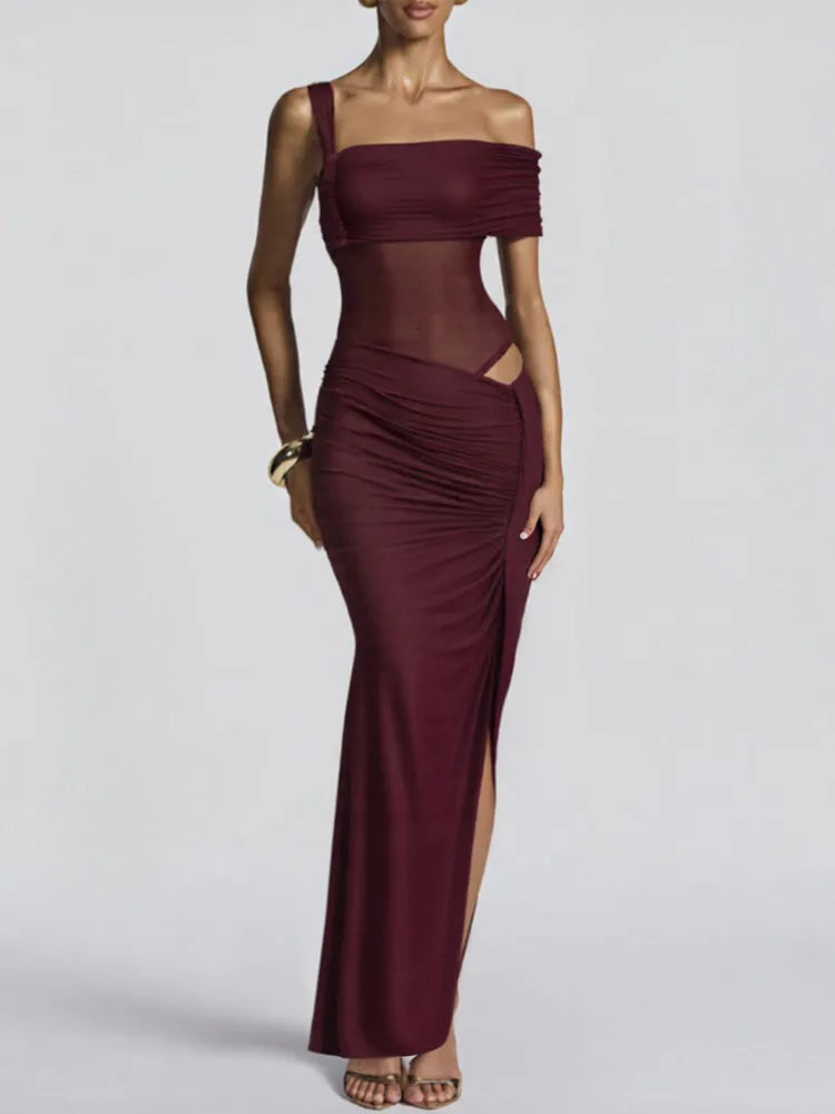 One Shoulder Backless Sexy Maxi Dress Women Elegant Strapless Sleeveless Thigh High Split Club Party Long Dress Female