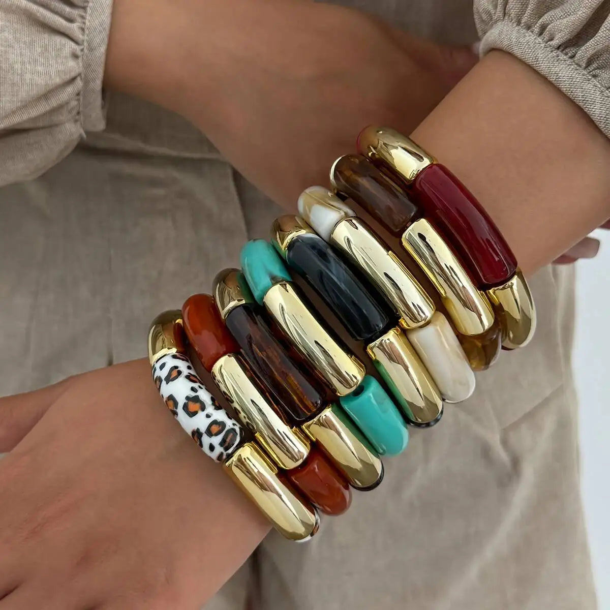 8 Styles Vintage Resin Round Tube Elastic Bracelet for Women Bohemian Stackable Acrylic Bracelet Bangle Party Jewelry New