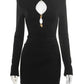 Hollow Out Long Sleeve Sexy Mini Dress Women Gown Elegant Winter New Half High Collar Metal Buckle Club Party Dresses