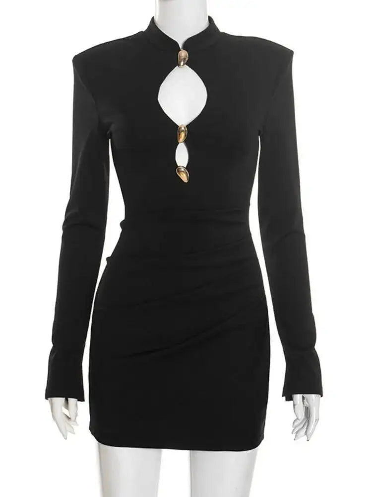 Hollow Out Long Sleeve Sexy Mini Dress Women Gown Elegant Winter New Half High Collar Metal Buckle Club Party Dresses