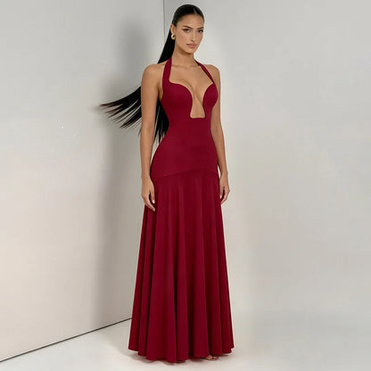 Elegant Deep Plunge Halter Backless Maxi Dresses 2026 Woman Wedding Guest Party Dress Pink