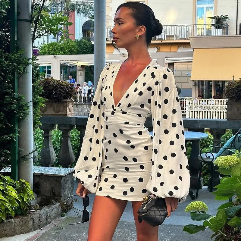 Classic Polka Dot Print White Dress Woman Clothing Sexy Deep V Neck Flare Sleeve Short Dresses Fall