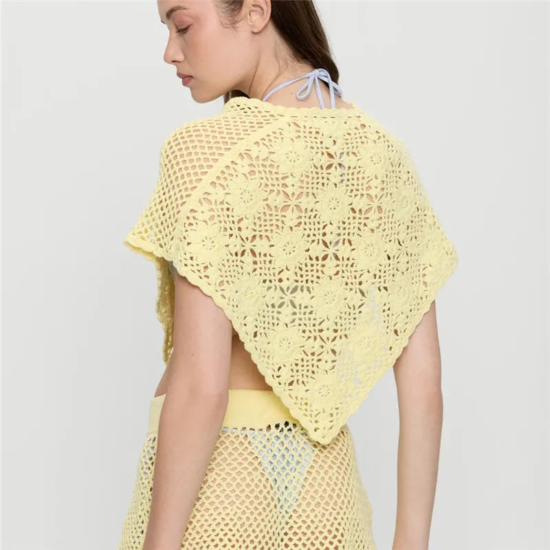 Floral Crochet Knit Triangle Poncho Top Women Hollow Out Off Shoulder Wrap Cover Up Casual Summer Bikini Beach Top
