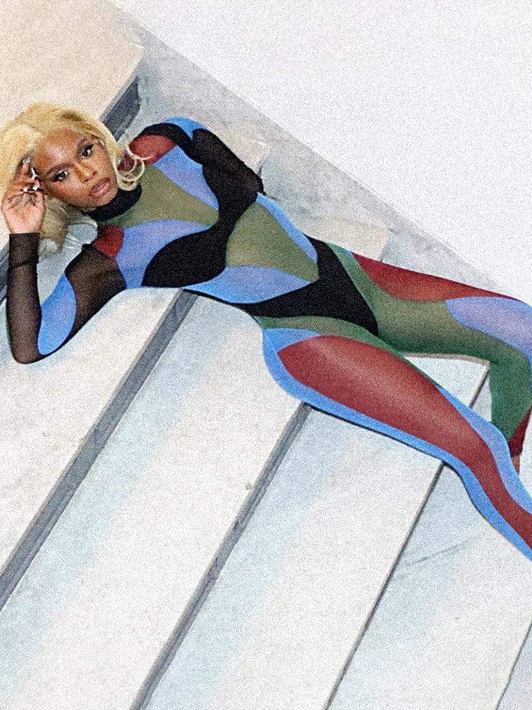 Colorful Print Jumpsuits Woman Turtleneck Full Sleeve Sexy See Through Skinny Peach Hip Hottie Street Fashion Overalls